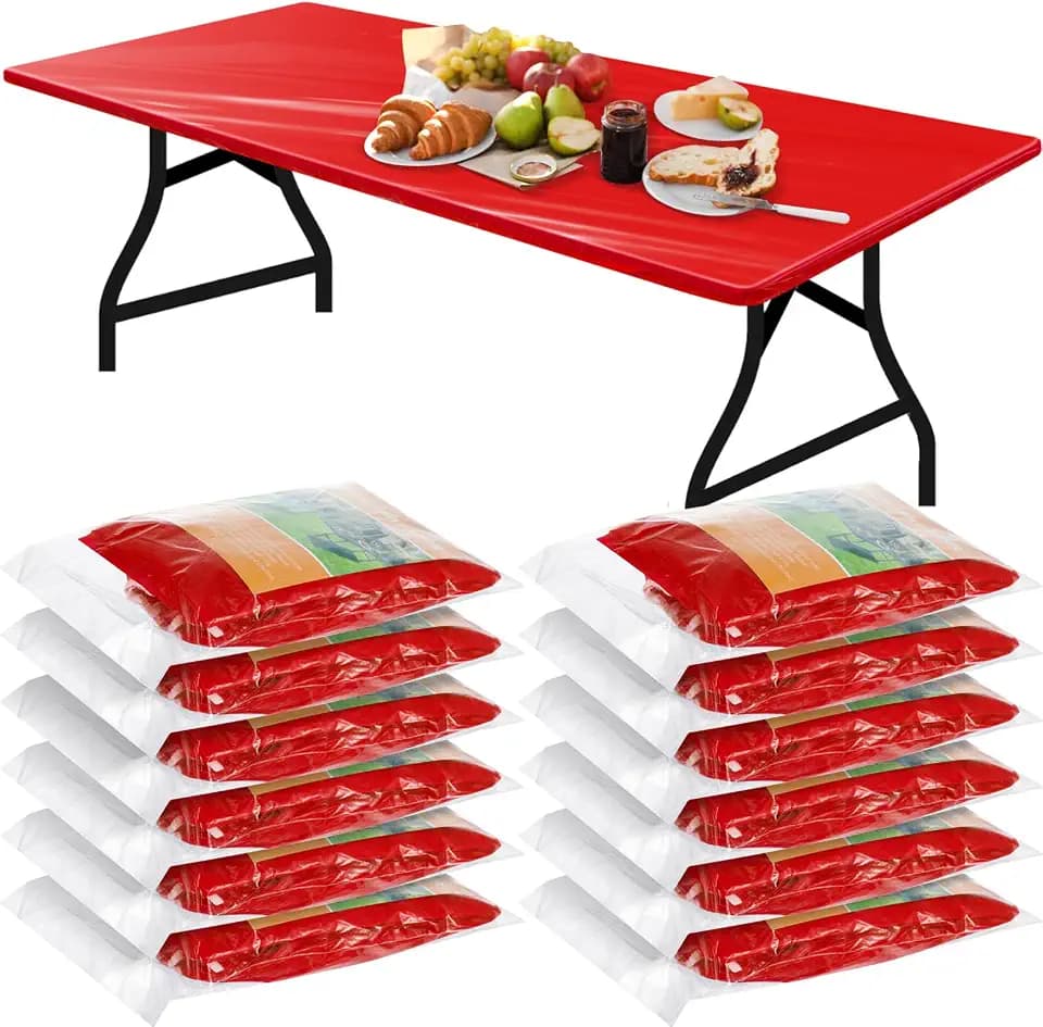Boao 12 Plastic Elastic Fitted Tablecloths, 6 Ft, 72 x 30 Inch, Red