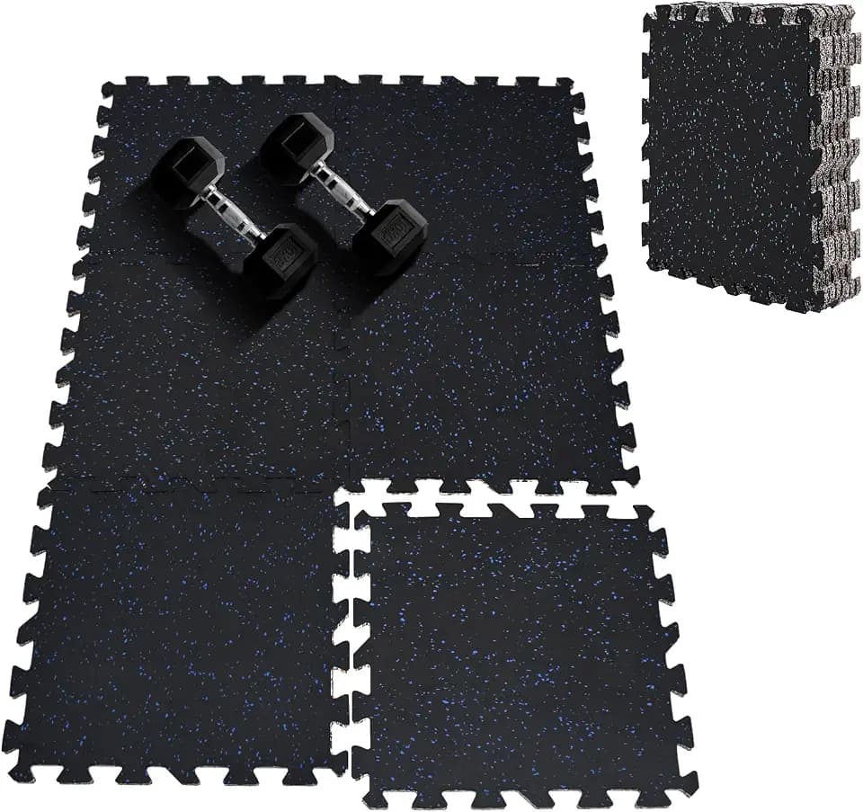 Upgraded 100% Rubber Flooring 0.6in Extra Thick - Interlocking Puzzle Floor Tiles for Home Gym Heavy Workout Equipment - Rubber Floor Tiles Non-Slip - Noise Reduction & Shock Bsorption - 6Pcs