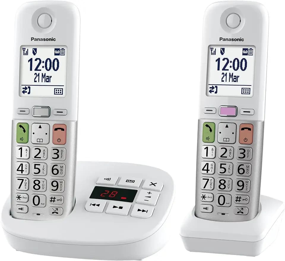 Panasonic KX-TGU432EXW digitales schnurloses Telefon mit Anrufbeantworter, Basisstation & 2 Mobilteile, LCD-Display, Favoriten-Taste, Taschenlampe, extra laut, hörgerätekompatibel, Weiss & Silber