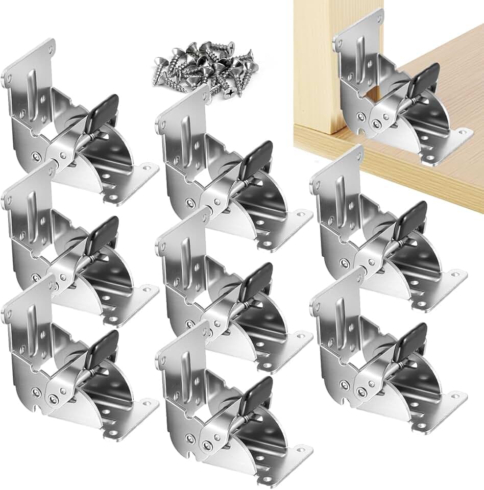 YDAJIURI Folding Brackets 8 Pack, Heavy-Duty Self-Locking Hinges with Screws, Foldable Lock Extension Support Brackets for Table Legs, Bed Legs, Workbenches – Silver