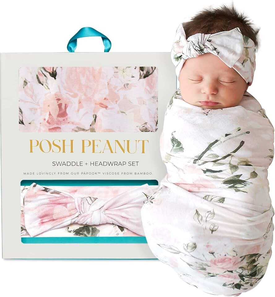 Posh Peanut Swaddle Blanket & Headband Set – Viscose from Bamboo Stretchy Baby Swaddle for Newborn Girls, Receiving Blanket or Nursing Cover