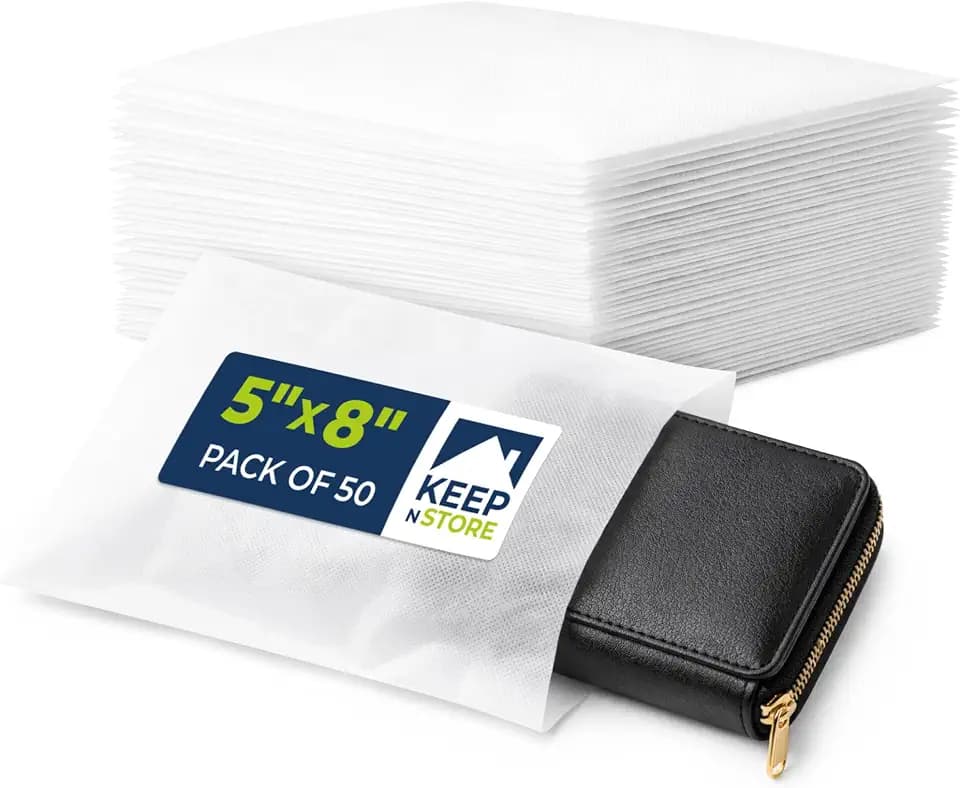Pack of 50 Anti-Scratch Pouches, 5" x 8" Protective Dust Bags for Handbags, Shoes, and Accessories - Made in USA Purse Dust Bag for Storage - Soft, Breathable Cloth-Like Shoe Storage Bag