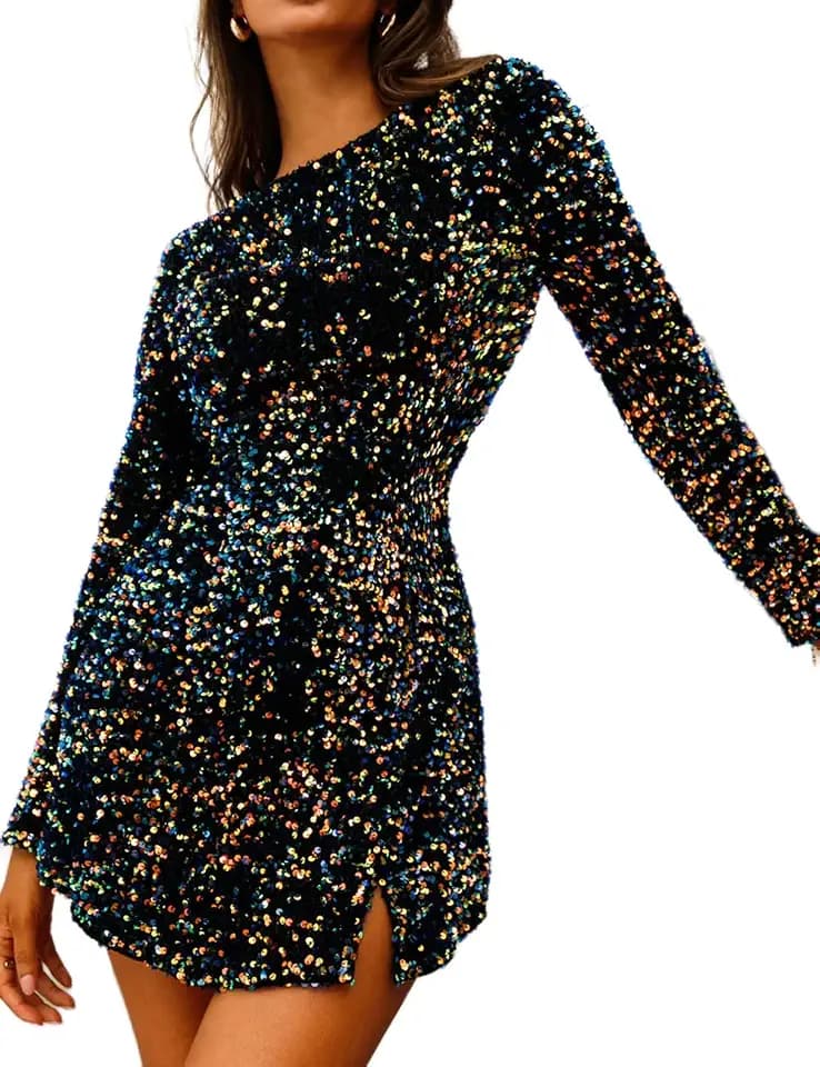 R.Vivimos Women's Sequin Bodycon Fall Velvet Warm Mini Dress