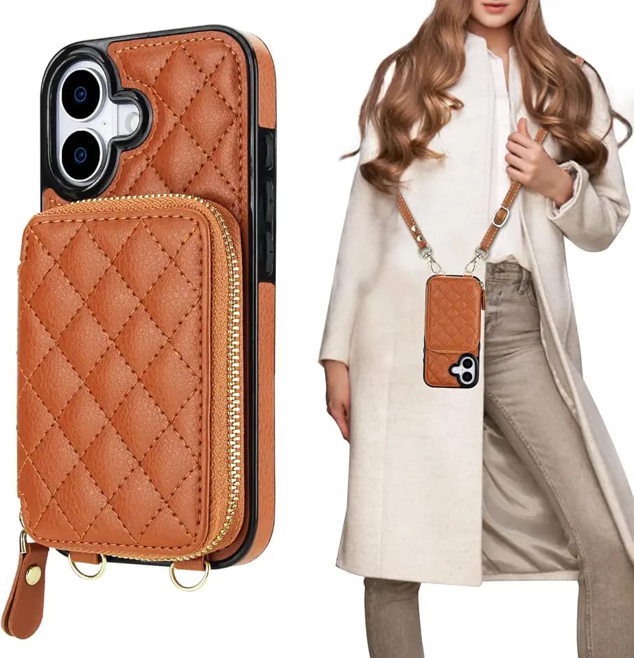 Bocasal Crossbody Wallet Case Card Holder for iPhone 17, Brown