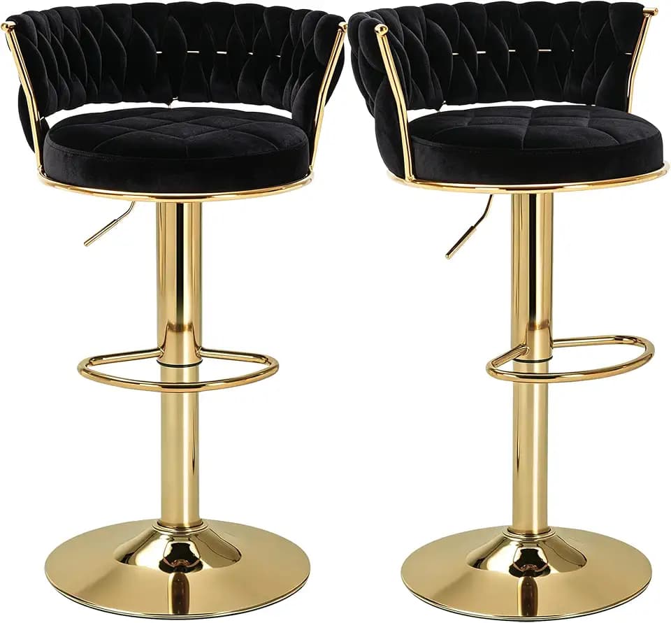 VECELO Bar Stools Set of 2, Adjustable Barstools Counter Height Stools with Back and Arm, Velvet Woven Kitchen Island Stools w/Gold Metal Leg & Base, 360° Swivel Bar Chair for Pubs Dining Room, Black
