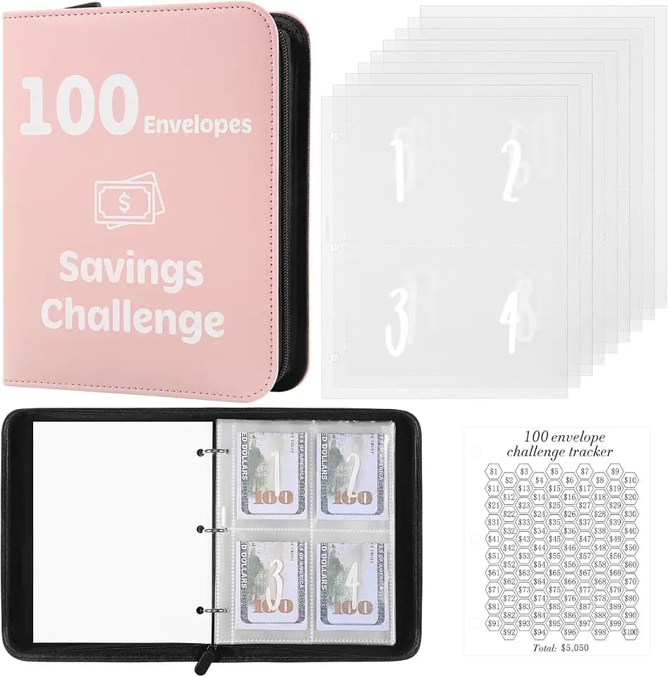 Pemocyny 100 Envelopes Money Saving Challenge Binder with Laminated Tracker, Money Saving Challenge Budget Binder with Cash Envelopes, Savings Challenge Book with Zipper to Save $5,050 (Pink)