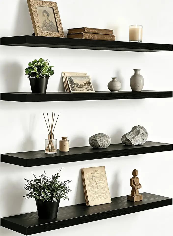 YYWUOJJ Wood Floating Shelves for Wall Decor, Rustic Wall Shelves for Bedroom Bathroom Kitchen Living Room, Set of 4 Black 24 Inch