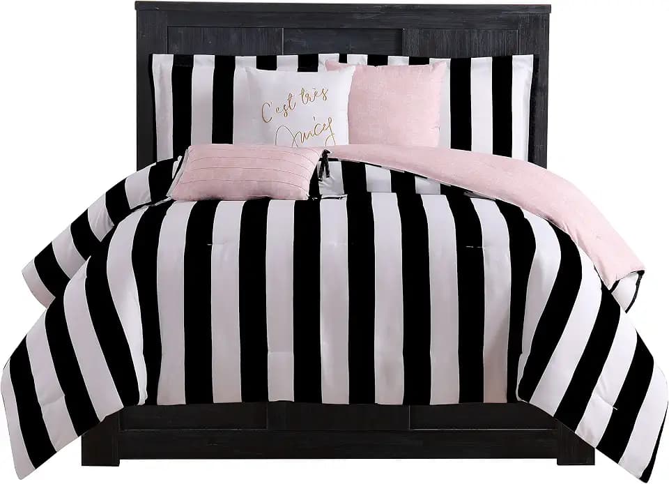 Juicy Couture Cabana Stripe Reversible Bedding Set - Queen Size - Black and White Stripe Print – 6 Piece Set – Includes 1 90" x 90" Comforter, 3 Decorative Pillows, 2 Shams