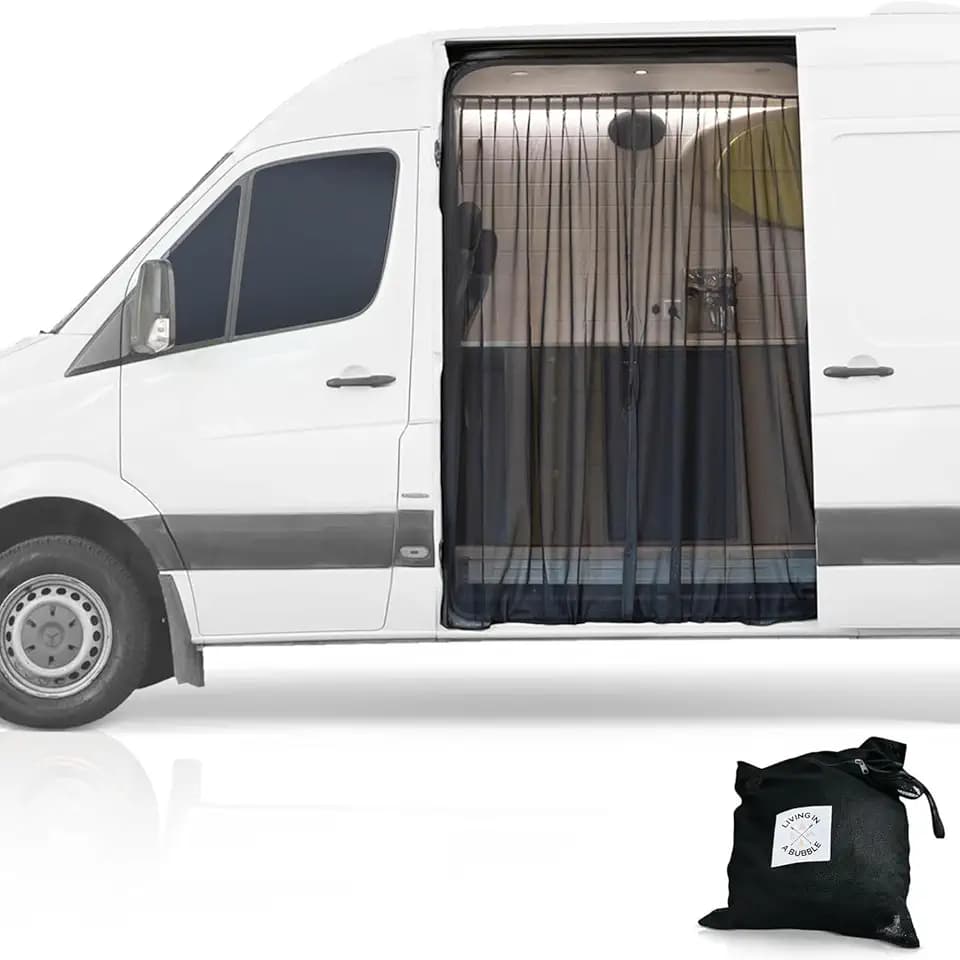 Living in a Bubble Van Insektennetz für Mercedes-Benz Sprinter mit Mittel-/Hochdach, Renault Master und Volkswagen Crafter (Hoch-/Superhochdach). Moskitonetz mit Schiebetür, zentraler Magnetverschluss
