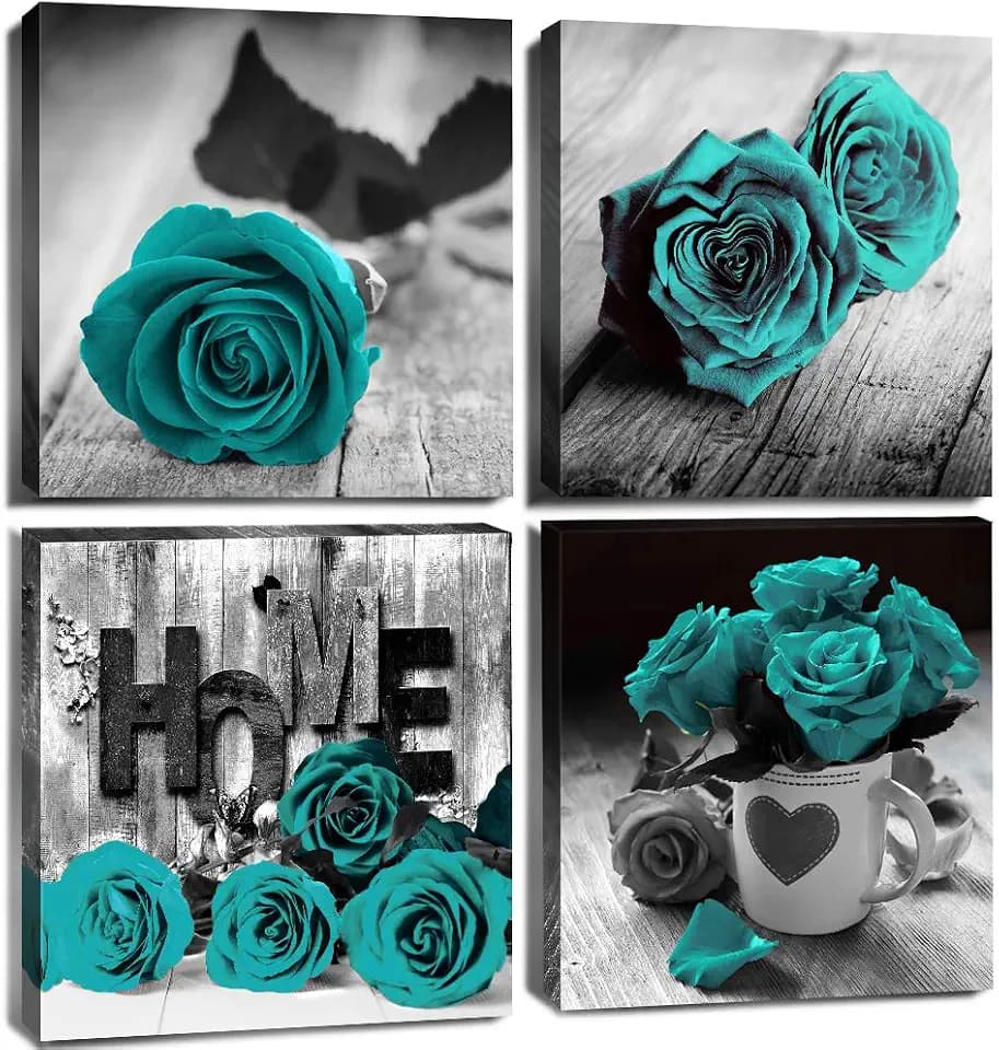 Black and Teal Rose Flower Wall Art Turquoise Bathroom Wall Decor Vintage Home Floral Posters Gray Love Bouquet Picture Canvas Prints Paintings Modern Artwork Bedroom Living Room Decorations 12x12” 4P