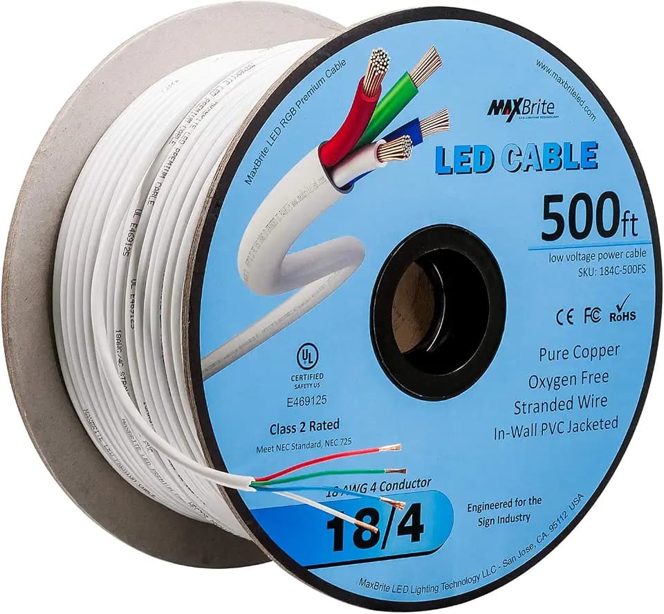 500 ft. 18AWG Low Voltage LED Cable 4 Conductor in-Wall White Sleeve Pure Copper Speaker Wire UL Class 2