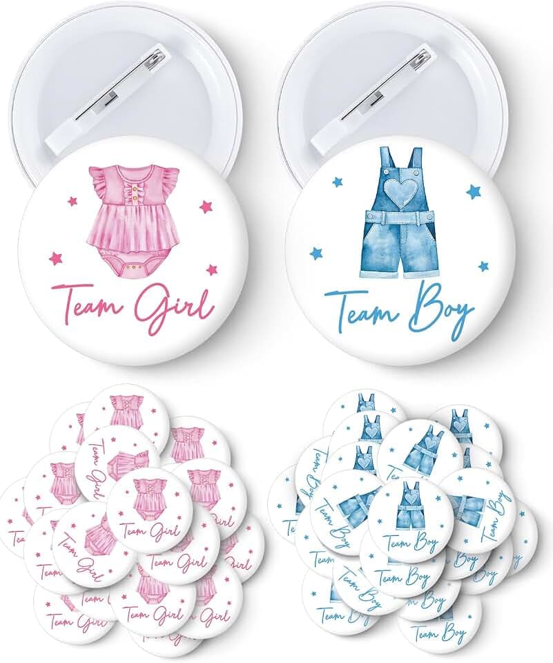 40 Pcs Gender Reveal Button Pins, Cute Clothes Pattern Team Boy or Girl Button Pins, Pink and Blue Shower Party Clothes Buttons Badges, for Gender Reveal Party Game Supplies