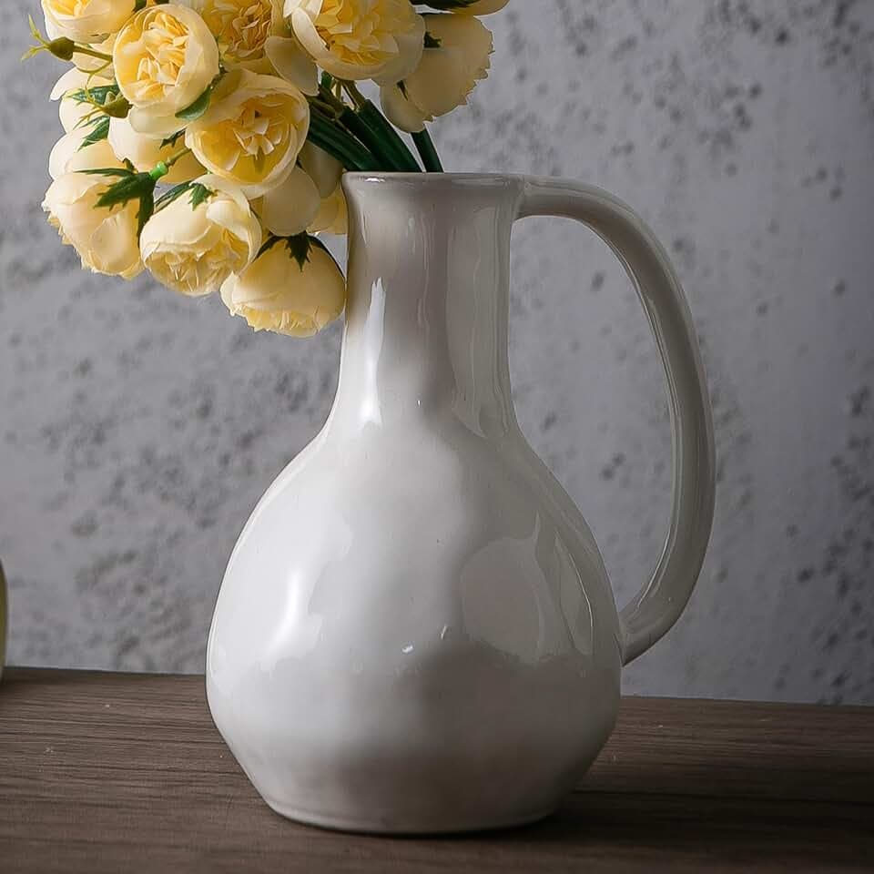 Tanvecle White Ceramic Vase with Big Handles, Modern Farmhouse Decor, Rustic Pottery for Flowers, Decorative Terracotta Centerpiece for Dining Table