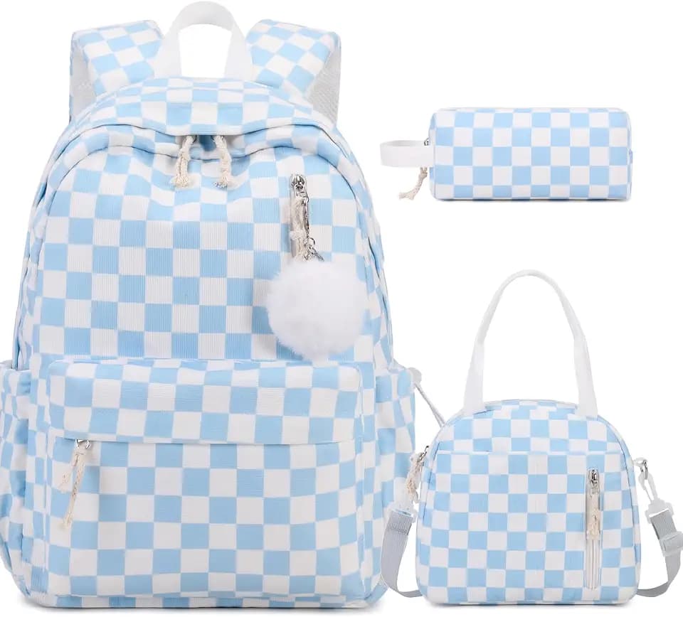 3PCS Corduroy Girls Backpack w/ Lunch Box & Pencil Bag (Blue Chessboard)