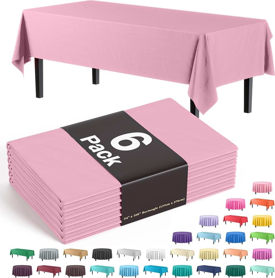Exquisite Pink Plastic Table Cloth Disposable 6 Pack - 54 x 108 Inch Rectangle Tablecloth for 6 Foot Tables - Waterproof Table Cover for Party Wedding Birthday Graduation BBQ Catering