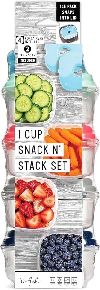 Fit & Fresh Small Plastic Containers With Lids 8 oz, Small Snack Containers With Lids For Adults and Kids, Reusable Leakproof Dressing and Condiment Containers With Two Attachable Ice Packs
