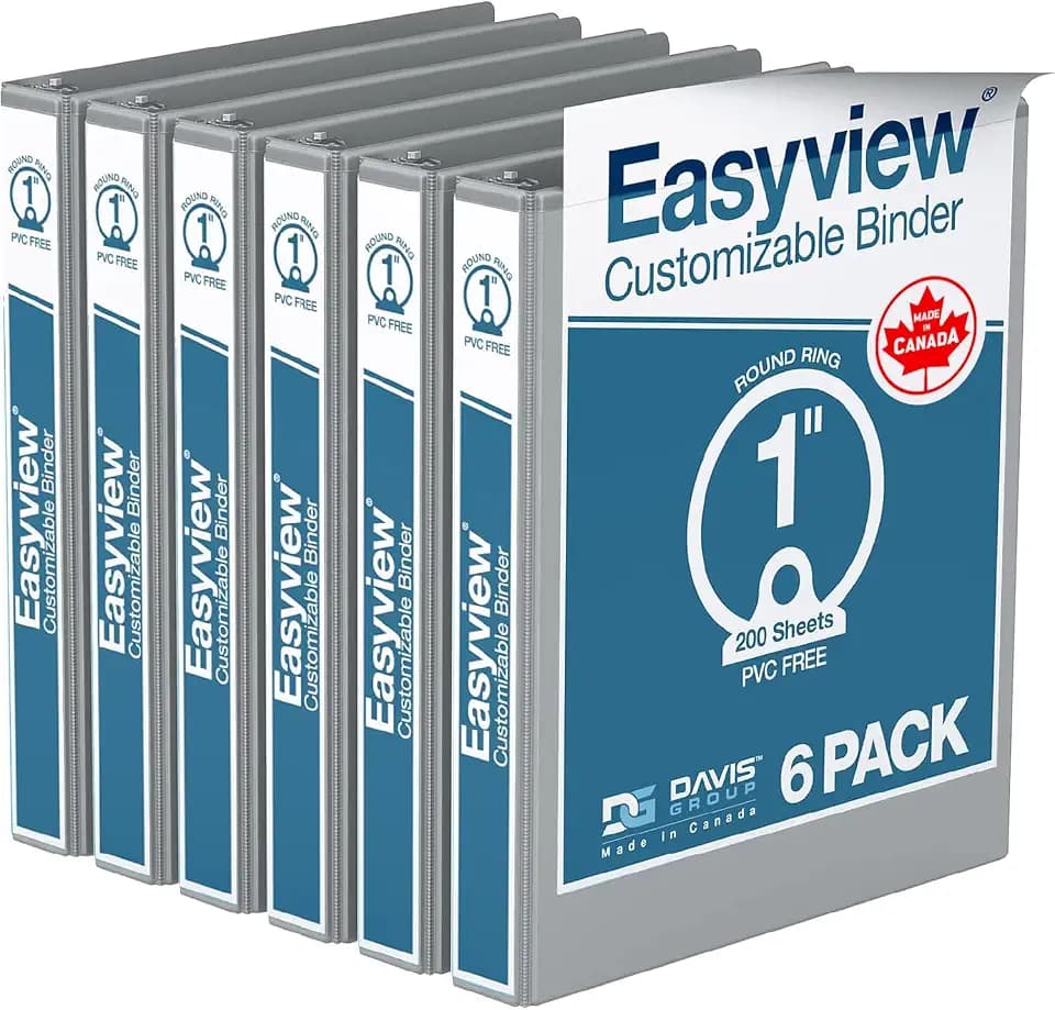 Easyview 3-Ring Binder, Clear-View Cover, 1" Round Rings, Gray, 6 Pack