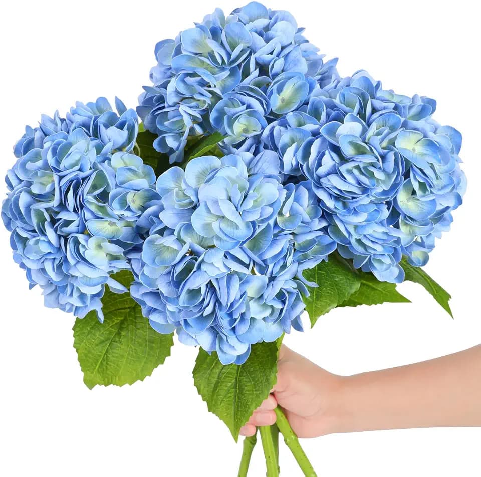 Nubry 4Pcs Blue Hydrangea Artificial Flowers, 22.5In Latex Faux Real Touch Large Hydrangea Flowers with Long Stems & Leaves for Home Office Decor Wedding Party Arrangements(Blue)