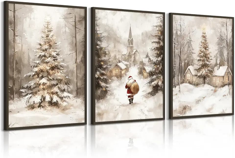 Christmas Wall Art Decor Winter Santa Pictures Vintage Christmas Canvas Poster Snowy Pine Trees Wall Art Xmas Forest Prints Santa Claus Painting Artwork for Bedroom Living Room 12x16x3 Inch Unframed