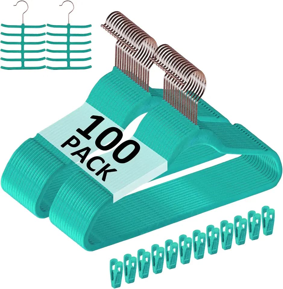 VECELO Premium Velvet Clothes Hangers Suit Heavy Duty (100 Pack)-Non Slip & Space-Saving with 12 Finger Clips & 2Tie Rack Excellent for Men and Women,Teal