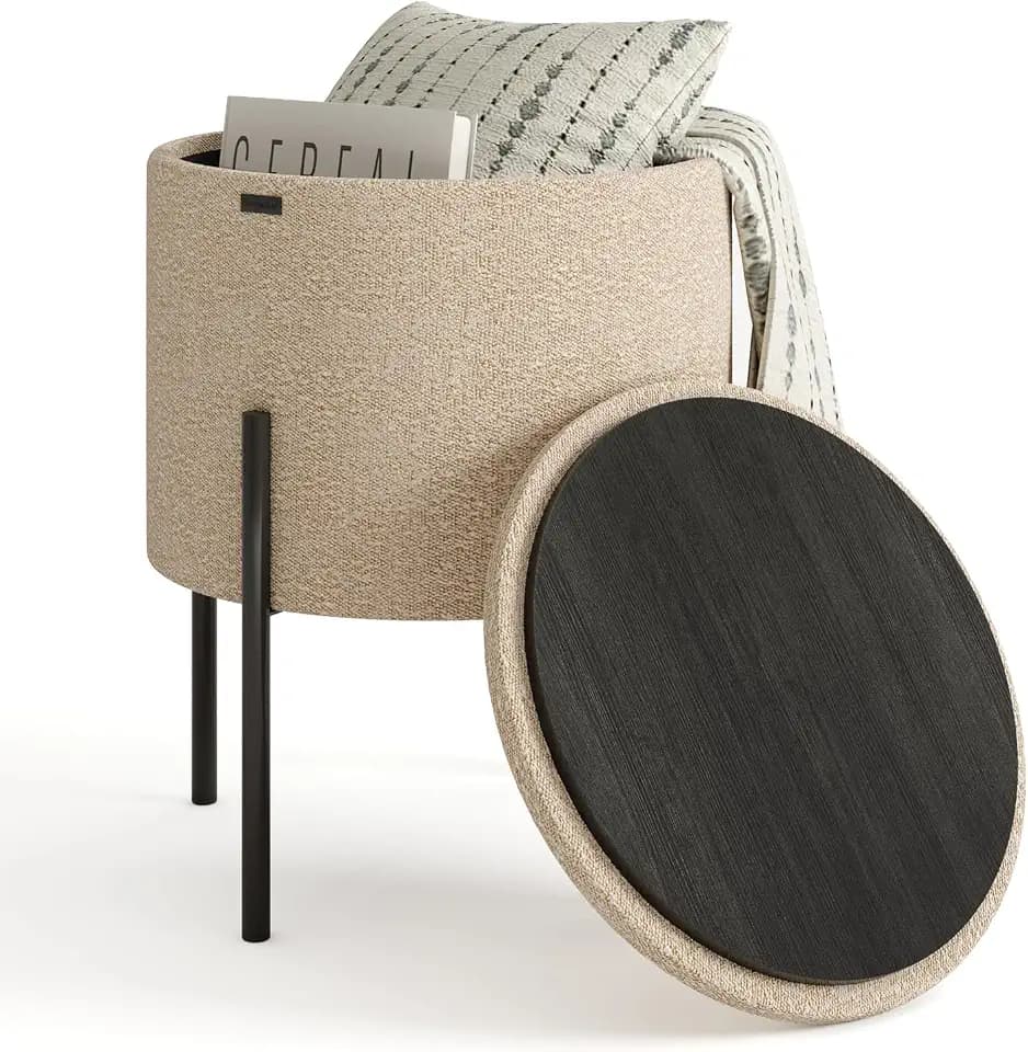 Round Ottoman with Storage, Boucle Storage Ottoman, Foot Stool, Makeup Vanity Stool, Small Foot Rest, Modern Ottomans for Living Room and Bedroom, Beige