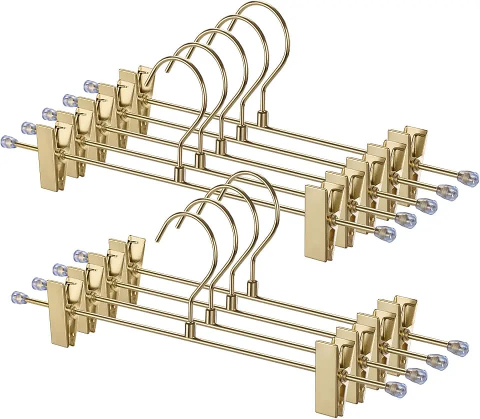 9 Pack Pants Hangers with Clips, 12.2 Inch Slim Metal Clothes Hangers with 360° Swivel Hooks, Heavy Duty Space Saving Closet Hangers for Jeans, Slacks, Shorts (Gold)