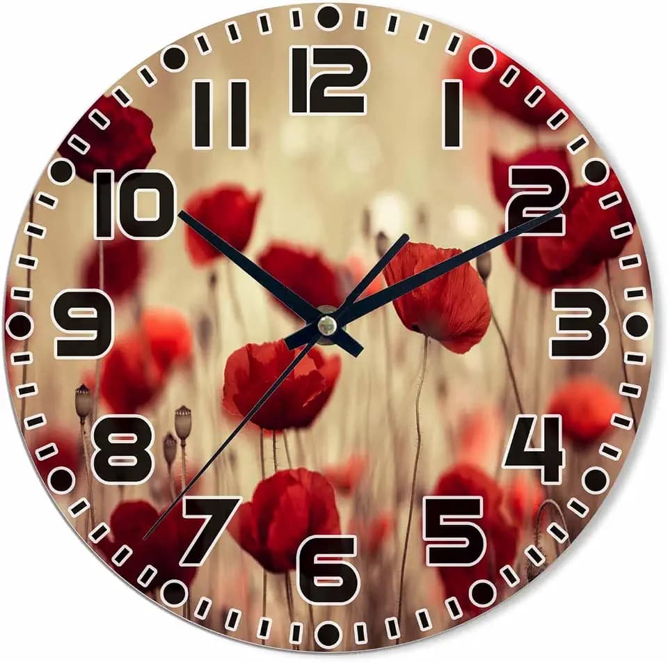 Poppy Flower Wall Clock Battery Operated Red Wall Clock Silent Non Ticking Quality Quartz 10 Inch Round Easy Clock to Read for Home Office