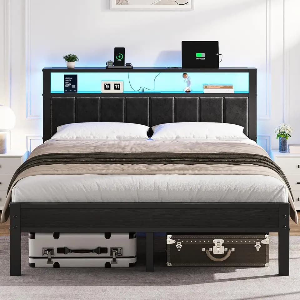 OLEVS Queen Size Bed Frame with LED Lights & Charging Station, Modern Platform Bed with 2-Tier Storage Headboard, No Box Spring Needed, Noise Free