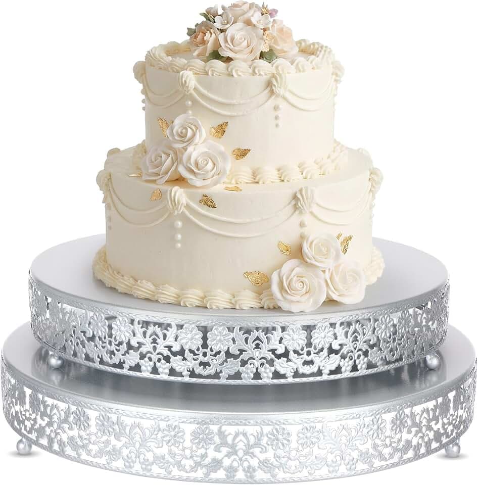 Wenqik 2 Pcs Silver Metal Cake Stand, 14" 16" Large Round Cupcake Stand