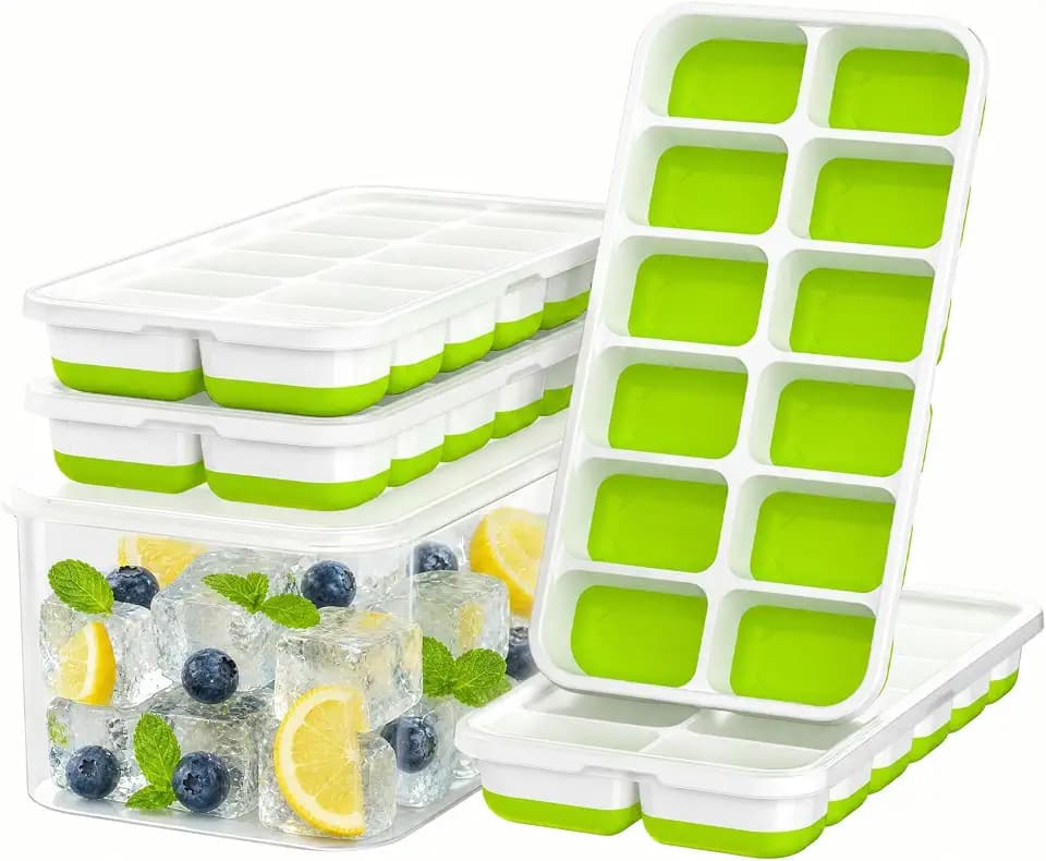 Ice Cube Tray with Lid and Bin - 4 Pack 48 Cubes Stackable Freezer Mold