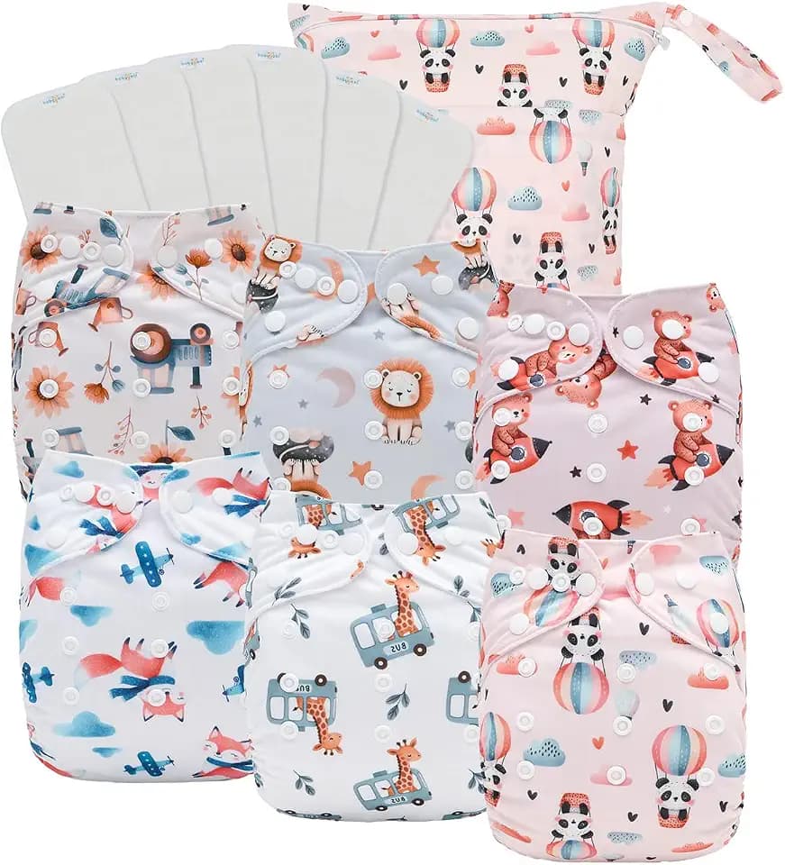 babygoal Reusable Cloth Diapers 6 Pack with 6 Inserts & Wet Bag, Washable Pocket Nappy Starter Kit, Baby Boy & Girl Diapers with Rayon from Bamboo Inserts