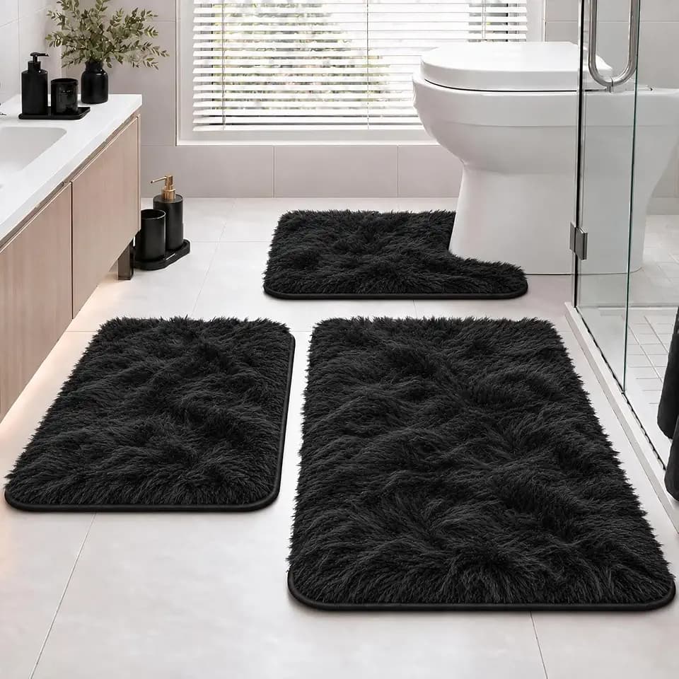 Bathroom Rugs Set Plush Velvet Bath Rugs Non-Slip Shaggy Bath Mat Set 3 Piece,Washable Mats,Absorbent Shaggy Rugs Super Soft U-Shaped Toilet Rug,Bahroom Carpets for Bathroom,Tub,Shower Black