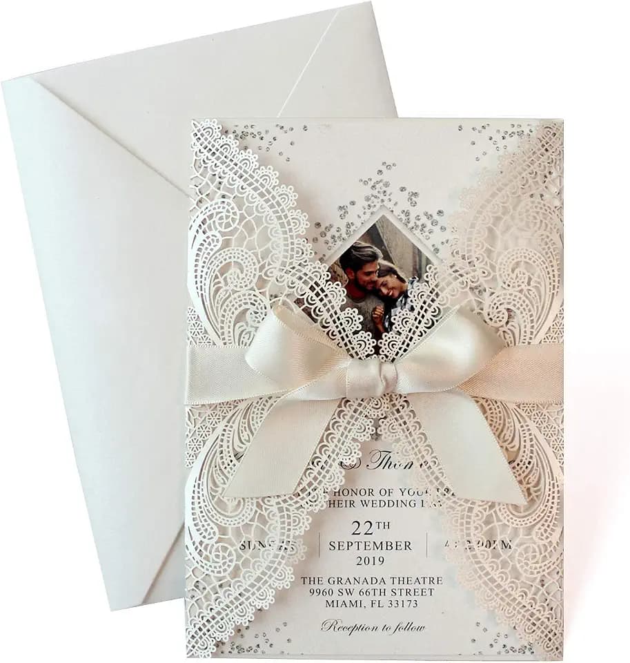 25 Laser Cut Wedding Invitations with Ribbon Bow, Photo Wedding Invitation Cards Template, Elegant Bridal Shower Invites Save the Date