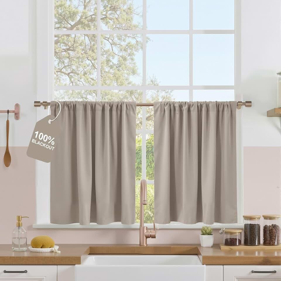 NICETOWN Natural Kitchen Curtains 36 inch Length, Rod Pocket 100% Blackout Easy-Matching Window Treatments Thermal Insulated for Cafe, W42 x L36, 2 Panels
