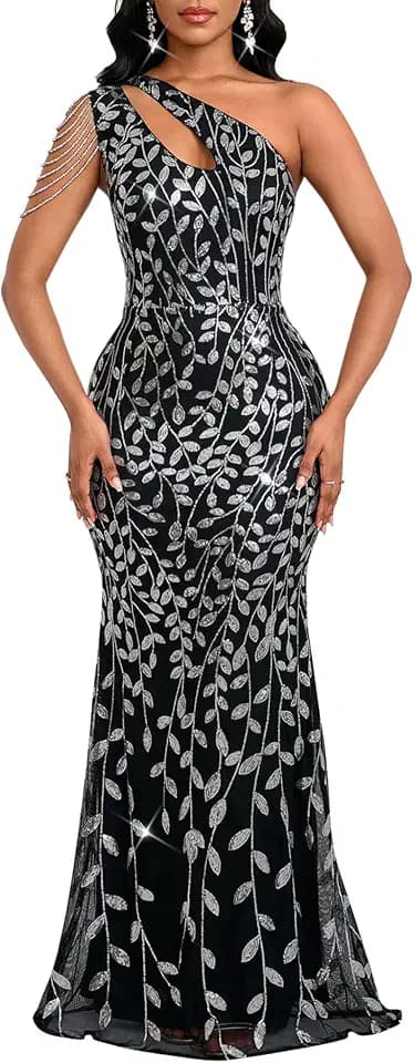 Cololura Women Sequin Elegant Sexy One Shoulder Tassel Oblique Collar Mermaid Bodycon Cocktail Evening Dress