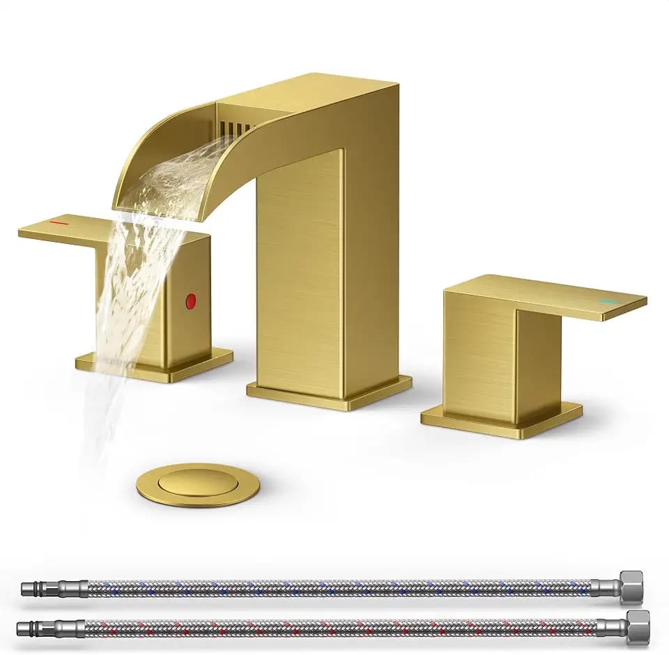 QFN Waterfall Bathroom Faucet 3 Hole 8" Widespread Brushed Gold 2 Handle