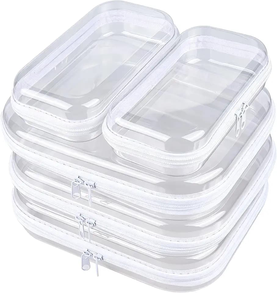 5-Pack Clear Hard Shell Zipper Case With Lids – 3 Large and 2 Small Clear Pencil Case, Stackable,Zipper Pouches Hard Shell for Cosmetics, Charging Cables, Sketch Supplies