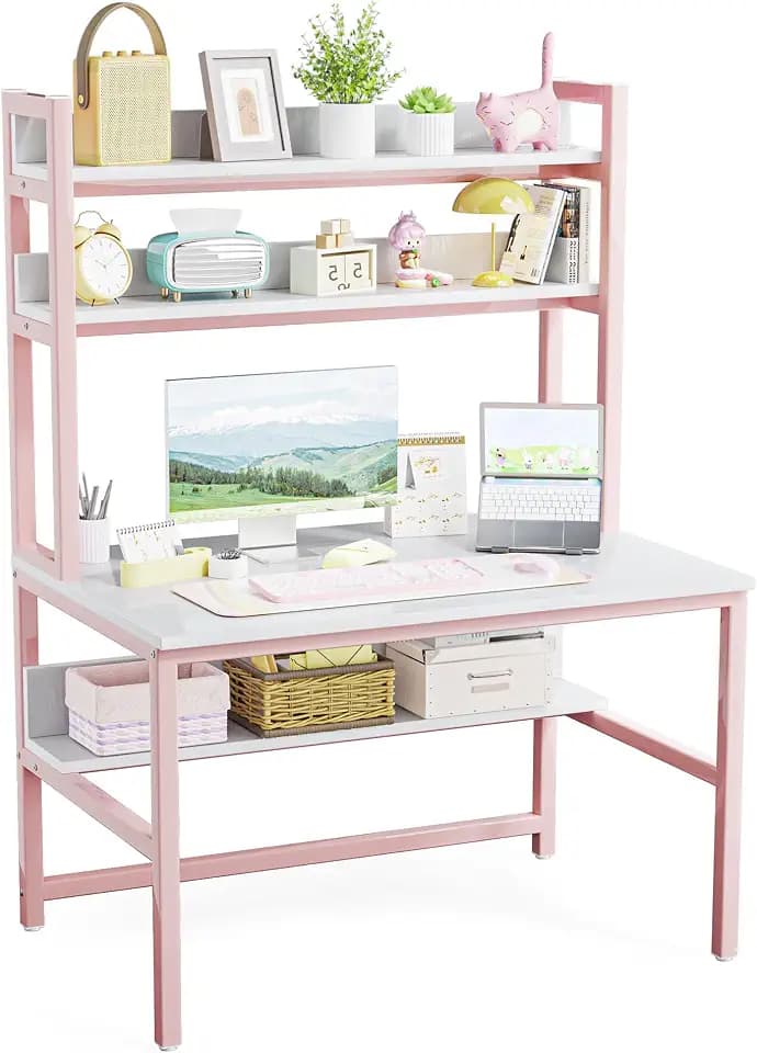 Aquzee Pink Desk with Shelves, Computer Desk with Hutch, 47 Inch