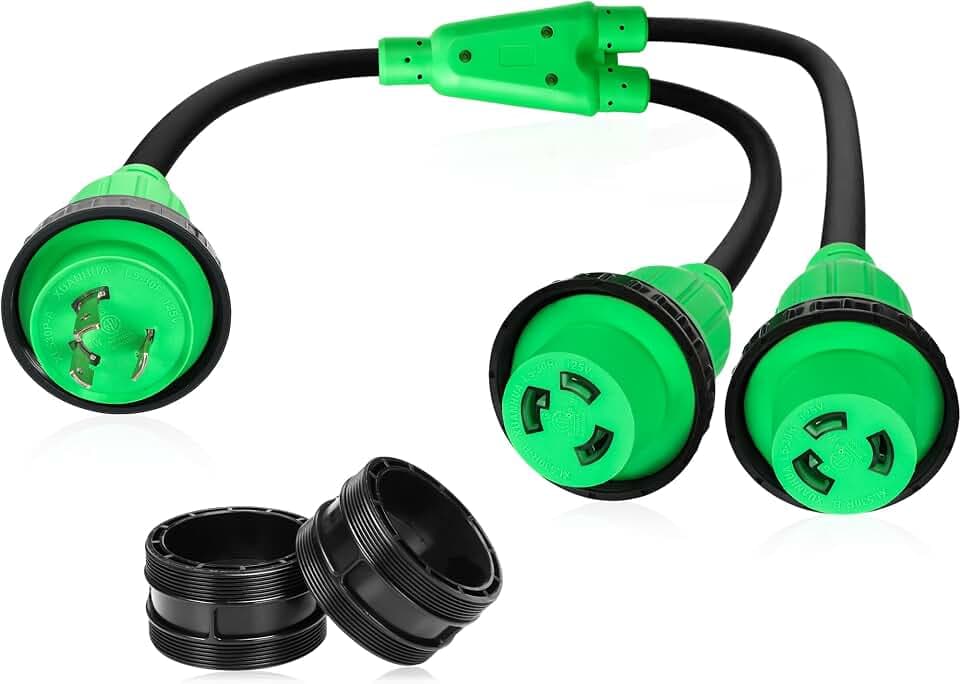 Kanayu 3FT 30A Shore Power Y Splitter Locking Ring Collar, Green,Black