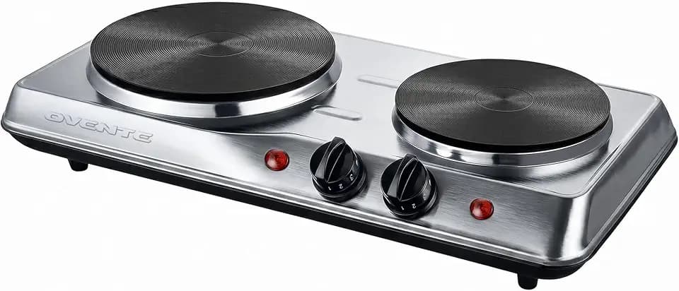 OVENTE Electric Cast Iron Double Burner, 1700W Hot Plate, Silver BGS102S