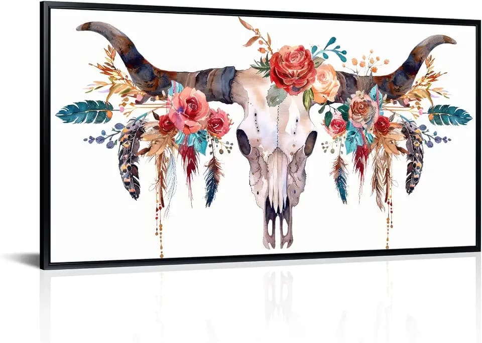 iLOOKLiKE Bull Skull Canvas Wall Art Western Longhorn Skull with Flowers Feathers Pictures Painting Bison Cow Wildlife Artwork Black Floater Frame for Home Farmhouse Country Decoration 20"x40"