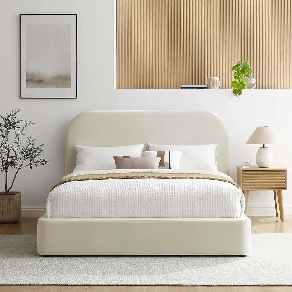 Modway Keynote Modern Queen Bed Frame with Curve Shaped Headboard in Alabaster, Upholstered in Performance Velvet, Queen Size Platform Bedain-Resistant Velvet Bed, Soft Cloud Bed Frame