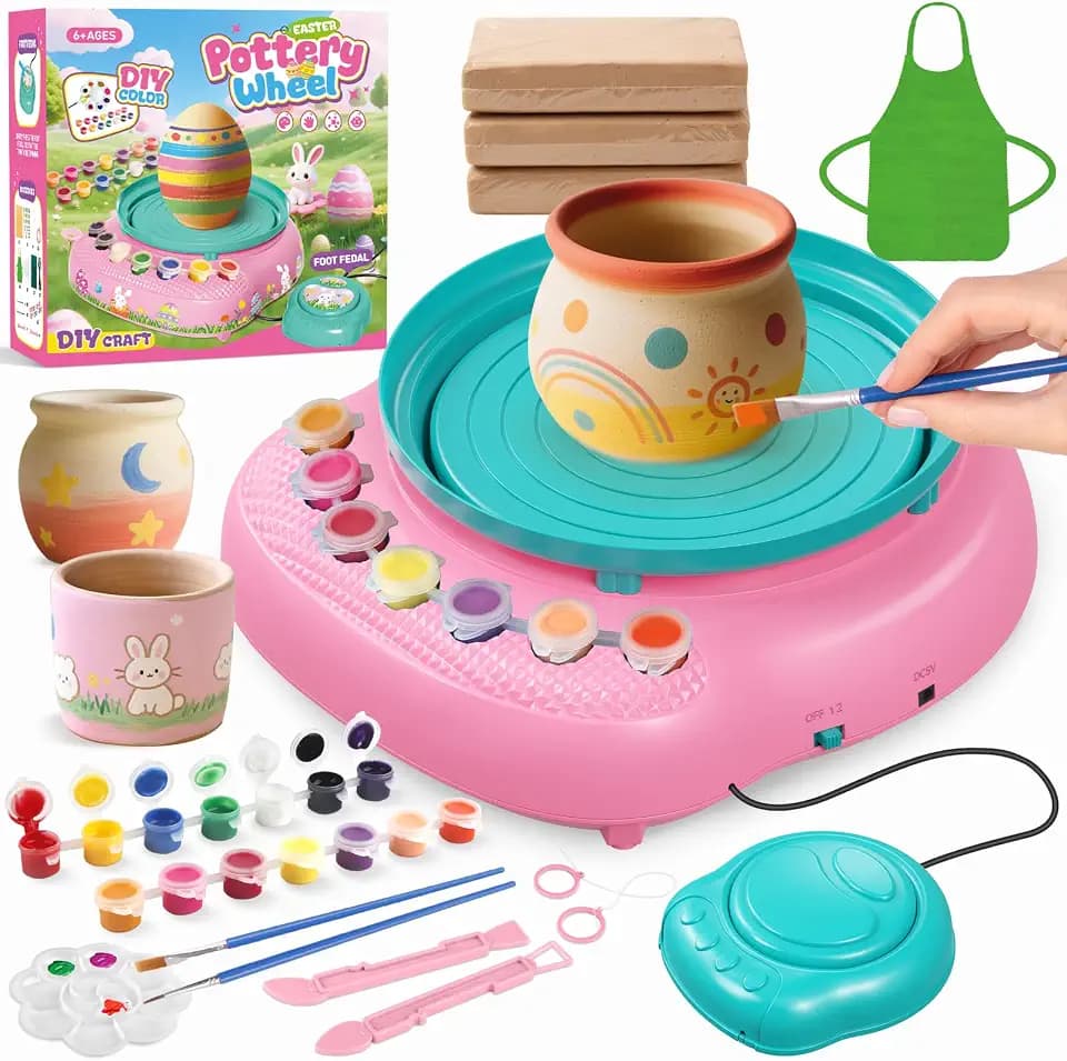 Pottery Wheel for Kids with Air Dry Clay Kit, 12 Paints & Tools, Ages 6-12
