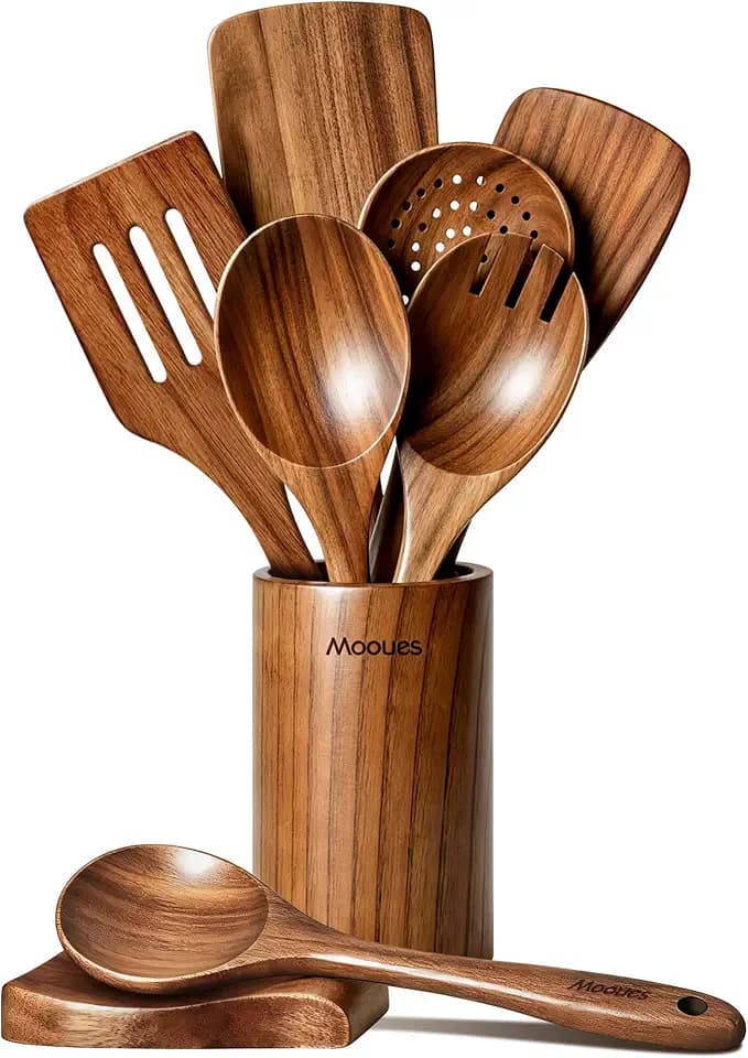 Mooues Wooden Kitchen Utensil Set, 9 Piece Natural Teak with Spoon Rest