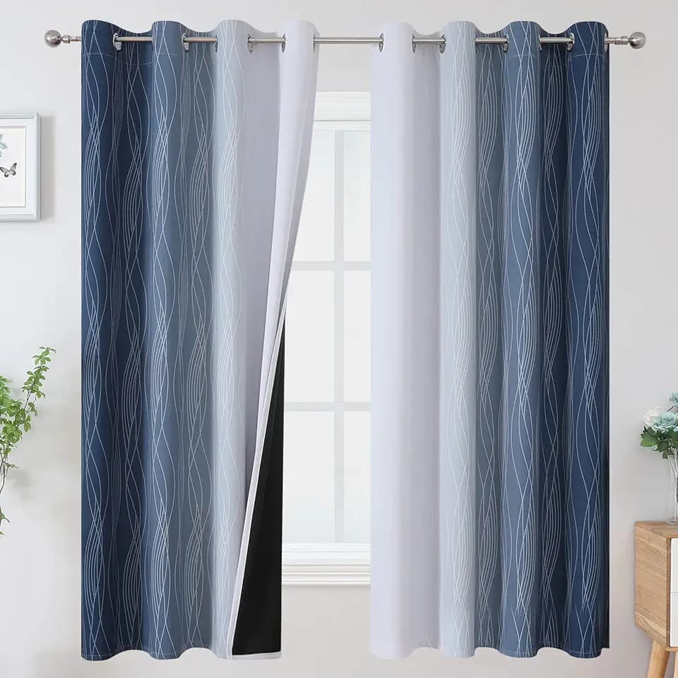 Navy Blue and Greyish White Blackout Curtains for Boys Bedroom 63 Inch Long