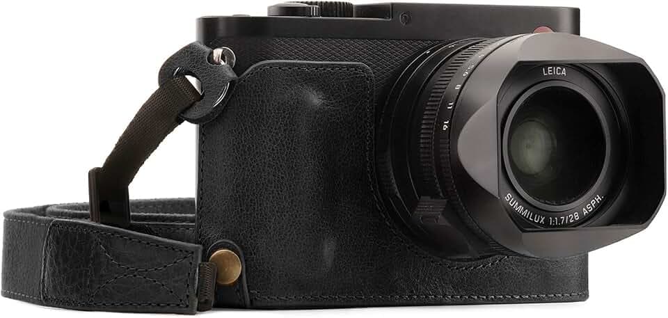 MegaGear MG1400 Leica Q-P, Q (Typ 116) Ever Ready Echtleder Kamera-Halbtasche mit Trageriemen - Schwarz