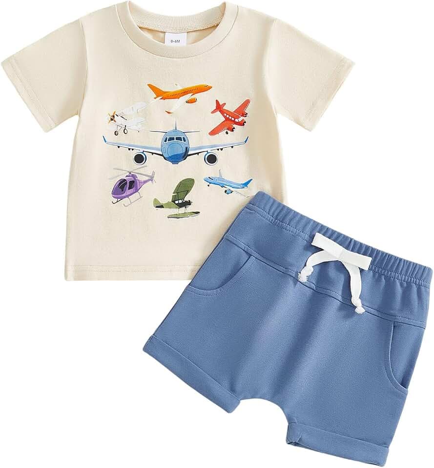 Bonangber Toddler Baby Boy Summer Clothes Short Sleeve Airplane Print Shirt and Elastic Waist Shorts Sets Summer Outfit 2Pcs