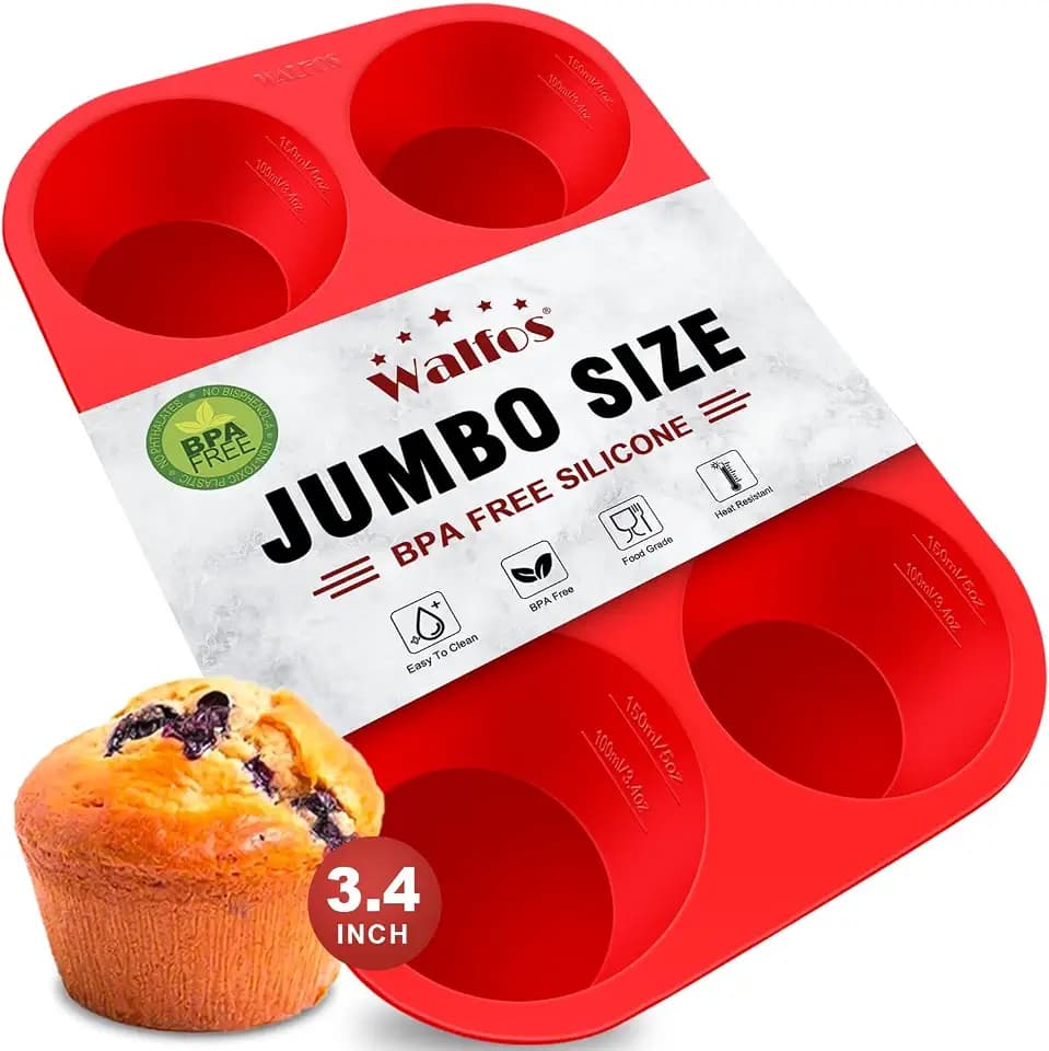 Walfos Silicone Texas Muffin Pan - 6 Cup Jumbo Silicone Cupcake Pan, Non-Stick, Just Release! Perfect for Egg Muffin, Big Cupcake - BPA Free and Dishwasher Safe
