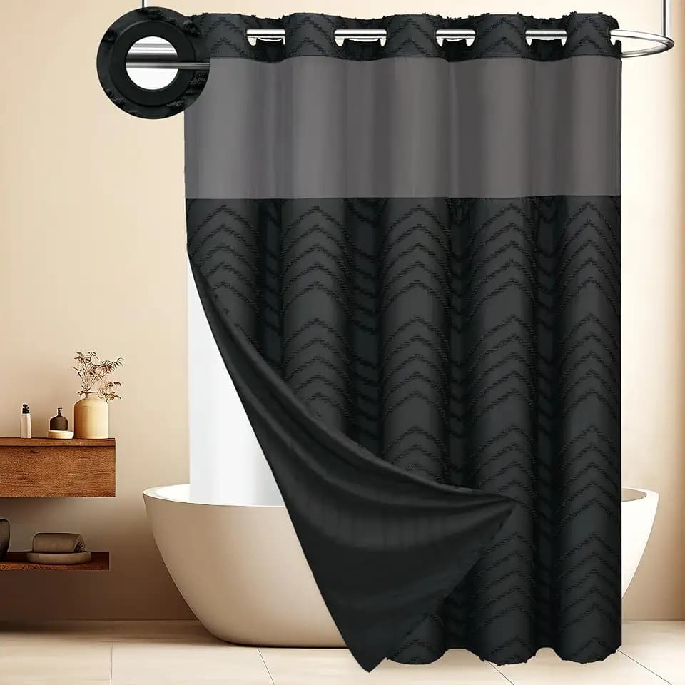 WONICY Ringless Tufted Chevron Shower Curtain with Liner, Black, 71x80