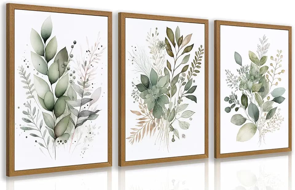 HLXRAE Neutral Sage Green Botanical Floral Wall Art, Wood Framed 12"x16"x3"
